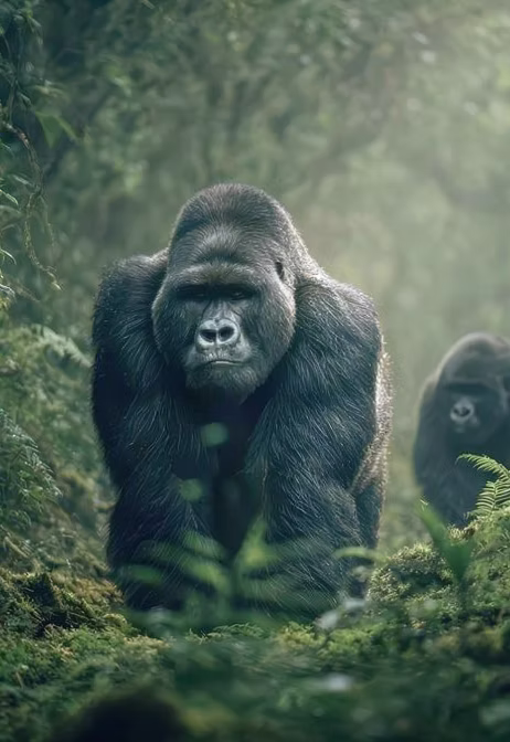 Mountain gorilla in misty forest, Rwanda